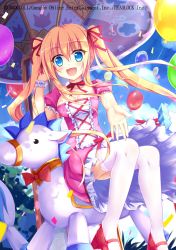 Rule 34 | 1girl, balloon, blonde hair, blue eyes, carousel, character request, commentary request, emil chronicle online, hair between eyes, hair ribbon, highres, horse, long hair, looking at viewer, nanairo fuusen, neck ribbon, open mouth, red ribbon, ribbon, sitting, smile, solo, thighhighs, twintails, white thighhighs