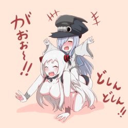 Rule 34 | 10s, 2girls, abyssal ship, aged down, airfield princess, blush, breasts, covered erect nipples, hair over one eye, horns, horseback riding, i b b e, kantai collection, large breasts, long hair, multiple girls, navel, open mouth, outstretched arms, pale skin, pointy breasts, riding, school uniform, serafuku, simple background, smile, ta-class battleship, translation request, white hair, wide sleeves