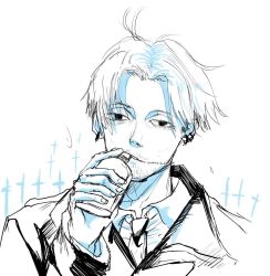 Rule 34 | 1boy, chainsaw man, drinking, earrings, flask, formal, highres, jewelry, kishibe (chainsaw man), monochrome, scar, suit, trenchcoat