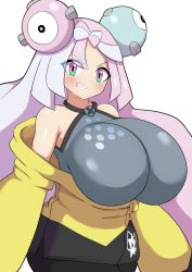 Rule 34 | 1girl, alternate breast size, bare shoulders, blush, bow-shaped hair, breasts, character hair ornament, creatures (company), game freak, grin, hair ornament, hexagon print, highres, huge breasts, iono (pokemon), jacket, jaga334, long hair, looking at viewer, low-tied long hair, nintendo, oversized clothes, pink eyes, pink hair, pokemon, pokemon sv, sharp teeth, shirt, sleeveless, sleeveless shirt, sleeves past fingers, sleeves past wrists, smile, solo, teeth, very long sleeves, white hair, yellow jacket