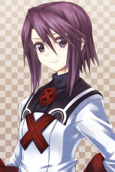 Rule 34 | 1girl, character request, checkered background, commentary request, hair between eyes, highres, kurokawa (silve), long sleeves, looking at viewer, purple eyes, purple hair, short hair, short hair with long locks, sidelocks, smile, solo, summon night, summon night 2, turtleneck, upper body