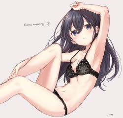 Rule 34 | 1girl, armpits, artist name, belly, black bra, black hair, black panties, blue eyes, blush, bra, breasts, commentary, ears visible through hair, english text, eyelashes, hair between eyes, highres, jimmy madomagi, knee up, lace, lace-trimmed bra, lace trim, long hair, looking at viewer, medium breasts, navel, original, panties, signature, simple background, sketch, solo, stomach, underwear