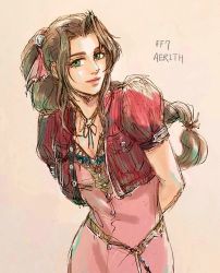 Rule 34 | 1girl, aerith gainsborough, arms behind back, braid, brown background, brown hair, choker, cropped jacket, dress, emojimo, final fantasy, final fantasy vii, final fantasy vii remake, green eyes, hair ribbon, highres, jacket, jewelry, long hair, looking at viewer, materia, necklace, parted bangs, pink dress, pink ribbon, red jacket, ribbon, short sleeves, sidelocks, solo, square enix, upper body