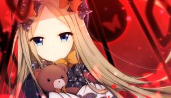 Rule 34 | 1girl, abigail williams (fate), absurdres, black bow, black dress, blonde hair, blue eyes, bow, closed mouth, dress, fate/grand order, fate (series), forehead, hair bow, hari shoku, highres, long hair, long sleeves, looking at viewer, hugging object, orange bow, parted bangs, polka dot, polka dot bow, sleeves past wrists, solo, stuffed animal, stuffed toy, teddy bear