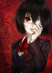 Rule 34 | 10s, 1girl, another, black hair, blazer, copyright name, eyepatch, finger to mouth, misaki mei, open mouth, red eyes, ribbon, rinhachi, school uniform, short hair, solo