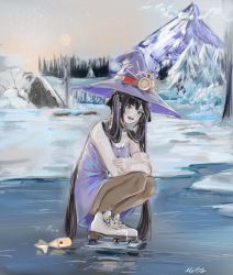 Rule 34 | 1girl, black pantyhose, blurry, blurry background, commentary, crossed arms, dress, english commentary, frozen lake, genshin impact, grey eyes, grey sky, hat, highres, ice, ice skates, long hair, mitsoire, mona (genshin impact), mountain, open mouth, outdoors, pantyhose, purple dress, purple hat, signature, skates, sky, smile, snow, snowing, solo, squatting, sun, teeth, tree, twintails, very long hair, witch hat