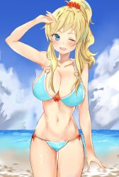 Rule 34 | 1girl, beach, benten (ioj3446), bikini, blonde hair, blue bikini, blue eyes, blush, bow, bow bikini, breasts, collarbone, cowboy shot, day, gluteal fold, hand on own forehead, highres, idolmaster, idolmaster cinderella girls, idolmaster cinderella girls starlight stage, large breasts, navel, ocean, one eye closed, ohtsuki yui, ponytail, red bow, smile, solo, swimsuit