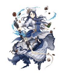 Rule 34 | 1girl, apron, blue hair, breasts, chef hat, chef, chocolate, frills, full body, gold trim, gun, hair over one eye, hat, ji no, kaguya (sinoalice), large breasts, long hair, looking at viewer, official art, rifle, sinoalice, skull, smile, solo, transparent background, weapon, whipped cream