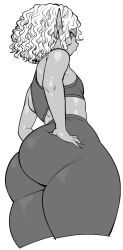 Rule 34 | 1girl, ass, flat chest, huge ass, monochrome, pointy ears, simple background, solo, synecdoche, tagme, thick thighs, thighs