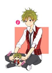 Rule 34 | 10s, 1boy, akiyama hayato, brown eyes, character doll, elbow sleeve, green hair, idolmaster, idolmaster side-m, indian style, merchandise, musical note, oden (odencong), playing, simple background, sitting, sleeves rolled up, white background