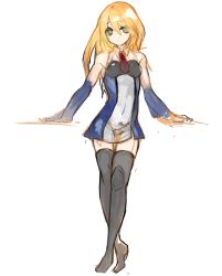 Rule 34 | 1girl, bad id, bad pixiv id, bare shoulders, black thighhighs, blazblue, breasts, detached sleeves, dress, framed breasts, green eyes, hair down, hyakuhachi (over3), long hair, necktie, no shoes, noel vermillion, short dress, small breasts, smile, solo, thighhighs, uniform, zettai ryouiki