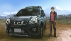 Rule 34 | 1boy, brown eyes, brown hair, car, fence, hands in pockets, highres, jacket, looking to the side, momo hiki, motor vehicle, nissan, nissan x-trail, original, personification, red shirt, shirt, smirk, sports utility vehicle, vehicle focus