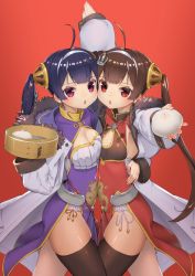 Rule 34 | 2girls, :o, ahoge, arm around waist, arm up, armpit cutout, armpits, asymmetrical docking, azur lane, bamboo steamer, baozi, black legwear, blunt bangs, blush, breast press, breasts, brown hair, brown ribbon, cheek-to-cheek, chestnut mouth, chinese text, cleavage, cleavage cutout, clothing cutout, coat, colored eyelashes, commentary request, cowboy shot, dragon print, dress, flat chest, food, forest, fur-trimmed coat, fur trim, hair ribbon, hairband, heads together, highres, holding, holding food, jacket, jacket on shoulders, long hair, long sleeves, looking at viewer, medium breasts, multiple boys, multiple girls, nature, ning hai (azur lane), open mouth, outstretched arm, panties, pelvic curtain, ping hai (azur lane), pink eyes, print dress, purple dress, purple hair, red background, red dress, red eyes, ribbon, saruchitan, side-tie panties, single thighhigh, standing, tareme, thighhighs, twintails, underwear, white coat, white hairband, white ribbon