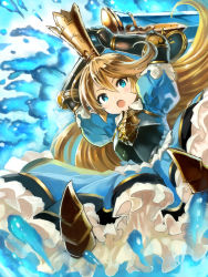 Rule 34 | &gt;:o, 10s, 1girl, :o, armor, armored dress, arms up, blonde hair, blue dress, blue eyes, blush, breastplate, charlotta (granblue fantasy), crown, dress, edobox, frilled dress, frills, granblue fantasy, hair between eyes, harvin, holding, holding sword, holding weapon, long hair, looking at viewer, open mouth, pointy ears, puffy short sleeves, puffy sleeves, short sleeves, solo, sword, v-shaped eyebrows, water, weapon