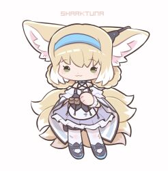 Rule 34 | 1girl, :3, animal ears, arknights, artist name, bare shoulders, black footwear, blonde hair, blue hairband, braid, braided hair rings, chibi, closed mouth, commentary, dress, english commentary, fox ears, fox girl, fox tail, full body, green eyes, hair rings, hairband, highres, infection monitor (arknights), kitsune, kyuubi, material growth, multiple tails, oripathy lesion (arknights), pantyhose, purple dress, sharktuna, simple background, solo, standing, suzuran (arknights), tail, torn clothes, torn pantyhose, twin braids, white background, white pantyhose