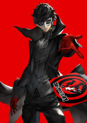 Rule 34 | 10s, 1boy, amamiya ren, bad id, bad pixiv id, black hair, calling card, highres, legacy zechs, male focus, mask, persona, persona 5, red background, short hair, smile, solo