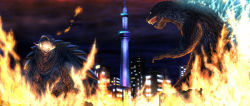 Rule 34 | city, city shrouded in shadow, colored sclera, crossover, daiei film, death battle, dinosaur, energy, epic, fire, gamera, gamera (series), gamera 3: revenge of iris, giant, giant monster, glowing, godzilla, godzilla, mothra and king ghidorah: giant monsters all-out attack, godzilla (series), granzella, green eyes, highres, hisha maru, japan, kadokawa, kaijuu, monster, night, no humans, no pupils, possessed, real world location, sea monster, toho, tokyo (city), tokyo skytree, turtle, tusks, white eyes