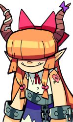 Rule 34 | 1girl, blue skirt, bow, chain, commentary, covered eyes, cuffs, fangs, hair bobbles, hair ornament, hair over eyes, heart, heart tattoo, highres, horn bow, horns, ibuki suika, long hair, neck ribbon, neckerchief, oni horns, orange hair, pointy ears, red ribbon, ribbon, sh1tty2, shirt, shoulder tattoo, sidelocks, simple background, skirt, sleeveless, smile, solo, symbol-only commentary, tattoo, torn clothes, torn sleeves, touhou, underbite, very long hair, white shirt