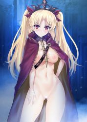 Rule 34 | 1girl, blonde hair, blush, breasts, cape, censored, closed mouth, contrapposto, cowboy shot, dark background, earrings, ereshkigal (fate), ero waifu, fate/grand order, fate (series), gluteal fold, hand on own hip, heart, heart censor, highres, jewelry, large breasts, legs apart, long hair, looking at viewer, motion blur, naked cape, navel, parted bangs, purple cape, purple ribbon, pussy, red eyes, red ribbon, ribbon, shiny skin, skull, solo, spine, standing, stomach, thighs, tiara, tohsaka rin, tsurime, two side up, v-shaped eyebrows, very long hair