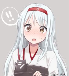 Rule 34 | !, !!, 10s, 1girl, blue hair, blush, brown eyes, eyebrows, full-face blush, grey background, hairband, ica, kantai collection, long hair, looking at viewer, muneate, nose blush, open mouth, portrait, shoukaku (kancolle), sidelocks, simple background, solo, spoken exclamation mark, sweat, twitter username