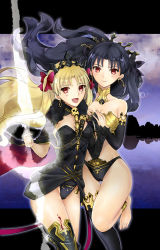 Rule 34 | 2girls, :d, aile t, barefoot, between breasts, black cape, black hair, black legwear, black leotard, black panties, blonde hair, blush, bow, bra, breasts, cape, choker, cleavage, collarbone, diadem, earrings, ereshkigal (fate), fate/grand order, fate (series), floating hair, fur-trimmed cape, fur trim, hair bow, highres, holding, holding sword, holding weapon, ishtar (fate), jewelry, leg up, leotard, long hair, looking at viewer, medium breasts, multiple girls, open mouth, panties, red bow, red eyes, siblings, single thighhigh, sisters, smile, standing, standing on one leg, strapless, strapless bra, striped clothes, striped leotard, sword, thighhighs, twintails, underwear, very long hair, weapon
