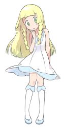 Rule 34 | ame025, blonde hair, creatures (company), dress, full body, game freak, green eyes, kneehighs, lillie (pokemon), nintendo, pokemon, pokemon (anime), pokemon sm, pokemon sm (anime), simple background, socks, solo, standing, white background