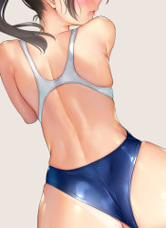 Rule 34 | 1girl, armpits, ass, back, blush, clothing aside, competition swimsuit, embarrassed, from behind, head out of frame, looking back, mignon, one-piece swimsuit, ponytail, simple background, skindentation, solo, swimsuit, swimsuit aside, tan, tanline, wavy mouth, white background