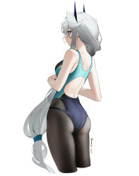 Rule 34 | 1girl, absurdres, back, black pantyhose, blue eyes, braid, breasts, competition swimsuit, grey hair, highres, long hair, looking away, mark jin, one-piece swimsuit, original, pantyhose, pantyhose under swimsuit, simple background, solo, standing, swimsuit, white background