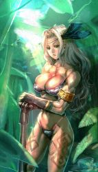 Rule 34 | 1girl, amazon (dragon&#039;s crown), armlet, armor, axe, bikini armor, blonde hair, bow (bhp), breasts, circlet, cleavage, cowboy shot, dragon&#039;s crown, female focus, gloves, green eyes, hair ornament, halberd, headband, jungle, large breasts, light rays, long hair, looking at viewer, muscular, muscular female, nature, navel, outdoors, panties, polearm, solo, standing, sunbeam, sunlight, tattoo, underwear, vanillaware, weapon
