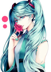 Rule 34 | 1girl, aqua eyes, aqua hair, detached sleeves, flower in mouth, hatsune miku, ling (vivianling), long hair, looking at viewer, necktie, shirt, solo, twintails, upper body, very long hair, vocaloid