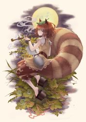 Rule 34 | 1girl, animal ears, blowing smoke, brown eyes, brown hair, brown skirt, from side, full body, full moon, futatsuiwa mamizou, glasses, gourd, grey background, highres, holding, holding notebook, holding smoking pipe, leaf, leaf on head, looking at viewer, looking to the side, masakichi (mmw), moon, notebook, official art, okobo, raccoon ears, raccoon tail, sandals, shirt, short hair, short sleeves, simple background, skirt, smoke, smoking, smoking pipe, solo, strange creators of outer world, tail, third-party source, touhou, yellow shirt