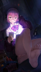 Rule 34 | 10s, 1girl, arm up, barefoot, black skirt, blush, book, book stack, bow, bowtie, brown pantyhose, cellphone, closed mouth, collared shirt, commentary request, dark, dutch angle, feet, glasses, gridman universe, head tilt, headphones, highres, holding, holding phone, indoors, jacket, karasu kame ex, knee up, light, long sleeves, looking at phone, miniskirt, monster, night, off shoulder, open clothes, open jacket, pantyhose, phone, pink-framed eyewear, purple bow, purple bowtie, purple eyes, purple hair, purple jacket, semi-rimless eyewear, shinjou akane, shirt, short hair, skirt, smartphone, smile, soles, solo, ssss.gridman, tablet pc, toes, toy, trash bag, under-rim eyewear, white shirt, window, wing collar