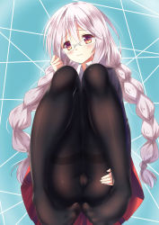 Rule 34 | 10s, 1girl, 3:, absurdres, ame wa a ga tsutano?, anne happy, black pantyhose, blue background, blush, braid, cameltoe, eyebrows, feet, frown, glasses, hand on own ass, head tilt, heterochromia, highres, knees up, kumegawa botan, legs together, lips, long hair, long sleeves, looking at viewer, no shoes, original, pantyhose, pink hair, pleated skirt, red eyes, red skirt, rimless eyewear, simple background, sitting, skirt, solo, tareme, thighband pantyhose, twin braids, upskirt, very long hair, yellow eyes