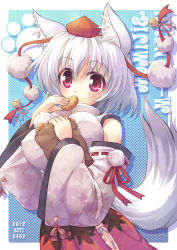 Rule 34 | 1girl, animal ears, bell, betei, blush, breasts, detached sleeves, eating, covered erect nipples, female focus, food, hat, inubashiri momiji, jingle bell, large breasts, red eyes, solo, tail, tokin hat, touhou, white hair, wolf ears, wolf tail