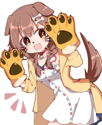 Rule 34 | 1girl, :3, :d, animal collar, animal ears, animal hands, blush, bone hair ornament, braid, brown eyes, brown hair, chibi, collar, dog ears, dog girl, dog tail, dress, fake whiskers, fang, gloves, hair ornament, hairclip, hololive, inugami korone, inugami korone (1st costume), jacket, leaning forward, long hair, looking at viewer, low twin braids, off shoulder, open clothes, open jacket, open mouth, paw gloves, rabiiandrain, red collar, short dress, simple background, sleeveless, sleeveless dress, smile, solo, tail, twin braids, twintails, v-shaped eyebrows, virtual youtuber, white background, white dress, yellow jacket