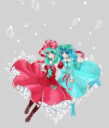 Rule 34 | 2girls, arm grab, holding another&#039;s arm, backpack, bad id, bad pixiv id, bag, blue eyes, blue hair, boots, bubble, cross-laced footwear, dress, eye contact, female focus, frills, green eyes, green hair, hair bobbles, hair ornament, holding hands, hat, kagiyama hina, kawashiro nitori, key, looking at another, multiple girls, open mouth, randoseru, rubber boots, short twintails, smile, touhou, twintails, two side up, yuura