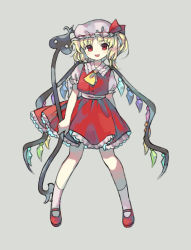 Rule 34 | 1girl, :d, blonde hair, collared shirt, flandre scarlet, full body, grey background, holding, legs apart, looking at viewer, mary janes, one side up, open mouth, puffy short sleeves, puffy sleeves, red eyes, red footwear, red skirt, red vest, sasa kichi, shirt, shoes, short hair, short sleeves, simple background, skirt, smile, socks, solo, standing, touhou, vest, white socks, wings