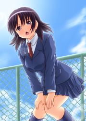 Rule 34 | 1girl, atsuko (minami-ke), chestnut mouth, diesel-turbo, minami-ke, necktie, purple eyes, purple hair, school uniform, short hair