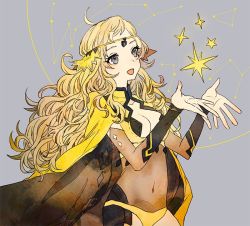 Rule 34 | 1girl, ahoge, blonde hair, blue eyes, breasts, cape, center opening, circlet, cleavage, cleavage cutout, clothing cutout, constellation, covered navel, elbow gloves, fire emblem, fire emblem fates, gloves, grey background, long hair, medium breasts, midriff, navel, nintendo, open mouth, ophelia (fire emblem), see-through, shourou kanna, simple background, smile, solo