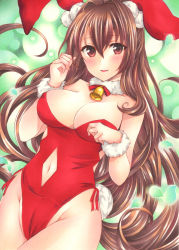 Rule 34 | 1girl, alternate costume, animal ears, bare arms, bare shoulders, bell, blush, breasts, breasts apart, brown hair, cameltoe, choker, clothing cutout, collarbone, commentary request, covered erect nipples, cowboy shot, fake animal ears, groin, hair between eyes, hair intakes, hands up, highres, jingle bell, kantai collection, large breasts, leotard, long hair, looking at viewer, navel cutout, parted lips, playboy bunny, pom pom (clothes), rabbit ears, rabbit tail, red eyes, red leotard, saya pr, sidelocks, smile, solo, tail, thighs, very long hair, wrist cuffs, yamato (kancolle)