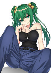 Rule 34 | 1girl, bad id, bad tumblr id, bare shoulders, bell, belt, breasts, collarbone, commentary, commission, cui yifei, english commentary, green eyes, green hair, hair bell, hair between eyes, hair ornament, head tilt, healther, jingle bell, long hair, looking at viewer, medium breasts, muv-luv, muv-luv alternative, muv-luv total eclipse, pants, simple background, sitting, smile, solo, spread legs, strap slip, twintails, v-shaped eyebrows, white background