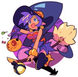 Rule 34 | :d, absurdres, bacun, blue eyes, breasts, broom, broom riding, candy, commentary, earrings, english commentary, food, halloween bucket, halloween costume, hat, highres, jewelry, large breasts, open mouth, pointy ears, purple eyes, shantae, shantae (series), smile, solo, thighhighs, transparent background, witch, witch hat