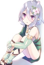 Rule 34 | 1girl, antenna hair, ass, bare shoulders, bridal gauntlets, brown footwear, commentary request, detached sleeves, dress, flower, green dress, gucchiann, hair between eyes, hair flower, hair ornament, highres, kokkoro (princess connect!), long hair, long sleeves, looking at viewer, parted lips, pink flower, pointy ears, princess connect!, puffy long sleeves, puffy sleeves, purple eyes, sandals, see-through, see-through sleeves, shadow, silver hair, sitting, sleeveless, sleeveless dress, solo, white background