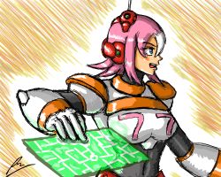 Rule 34 | 1girl, blue eyes, bodysuit, borockman, breasts, headgear, headset, holographic interface, multicolored hair, nana (mega man x: command mission), pink hair, robot, robot ears, mega man (series), mega man x (series), mega man x: command mission, short hair, sketch, solo, two-tone hair, white hair
