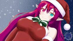 Rule 34 | 1girl, absurdres, blue eyes, bow, breasts, christmas, hat, heterochromia, highres, hololive, hololive english, irys (hololive), large breasts, long hair, looking at viewer, md5 mismatch, medium breasts, merriegold d, pink eyes, pointy ears, purple hair, red hair, santa costume, santa hat, self-upload, snow, solo, virtual youtuber