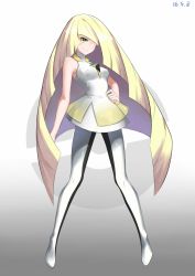 Rule 34 | 10s, 1girl, bare arms, blonde hair, blush, creatures (company), crystal, dated, full body, game freak, gem, green eyes, green gemstone, hair over one eye, hand on own hip, highres, long hair, looking at viewer, lusamine (pokemon), muta (csw), nintendo, pokemon, pokemon sm, sleeveless, smile, solo, standing, very long hair, white background