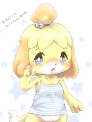 Rule 34 | 1girl, alternate costume, animal crossing, animal ears, animal hands, artist name, bare shoulders, bell, blonde hair, blue shirt, blush, blush stickers, bottomless, breasts, colored sclera, dated, dog ears, dog tail, female focus, furry, furry female, furuya muku, grey sclera, hair bell, hair ornament, hair tie, hand up, isabelle (animal crossing), jingle bell, jpeg artifacts, looking at viewer, nintendo, open mouth, pussy, shirt, short hair, signature, simple background, sleeveless, sleeveless shirt, small breasts, solo, spaghetti strap, standing, star (symbol), striped clothes, striped shirt, tail, tank top, text focus, translation request, uncensored, white background, white eyes