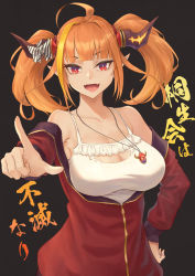 Rule 34 | 1girl, :d, ahoge, bare shoulders, blunt bangs, bow, breasts, camisole, collarbone, cowboy shot, diagonal-striped bow, dragon girl, dragon horns, fangs, frilled camisole, frills, hand on own hip, highres, hololive, horns, index finger raised, jacket, jewelry, kiryu coco, kiryu coco (loungewear), large breasts, long hair, looking at viewer, multicolored hair, necklace, off shoulder, open mouth, orange hair, partially unzipped, pointing, pointing at viewer, purple eyes, red eyes, red jacket, sidelocks, skin fangs, smile, solo, streaked hair, striped, tsukizaki shizuka, twintails, vertical stripes, virtual youtuber, white camisole