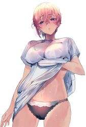 Rule 34 | 1girl, asymmetrical hair, black panties, blue eyes, blush, breast hold, breasts, cameltoe, clothes lift, commentary request, covered erect nipples, cowboy shot, earrings, go-toubun no hanayome, hair between eyes, hand under clothes, highres, jewelry, lace, lace-trimmed panties, lace trim, large breasts, lifted by self, looking at viewer, midriff, nakano ichika, navel, nununu (nununu386), orange hair, panties, parted lips, shirt, shirt lift, short hair, short sleeves, simple background, single earring, solo, stud earrings, thigh gap, underwear, white background, white shirt