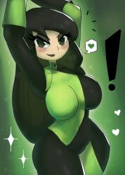 1girl absurdres arms_up asymmetrical_gloves black_gloves black_hair blush bodysuit breasts disney eyeshadow gloves green_background green_bodysuit green_eyes green_gloves green_lips heart highres kim_possible_(series) large_breasts long_hair looking_at_viewer makeup mismatched_gloves pale_skin shego smile sparkle speech_bubble spoken_heart standing stretching superhero_costume thick_thighs thighs tony_welt wide_hips